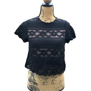 H&M Short Sleeve Black Lace Over Beige Crop Top Sz S
